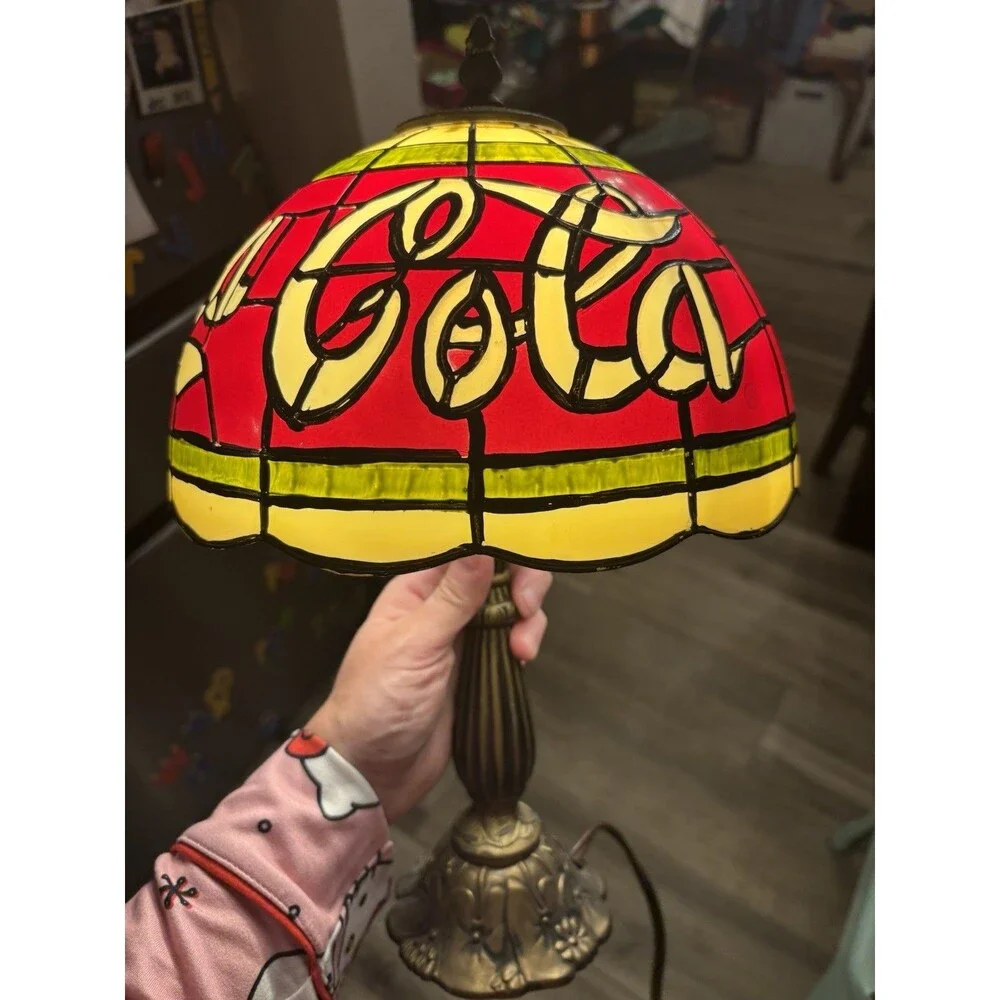 Coca-Cola Tiffany Style Stained Table Lamp – Plastic Shade, Metal Base – Vintage